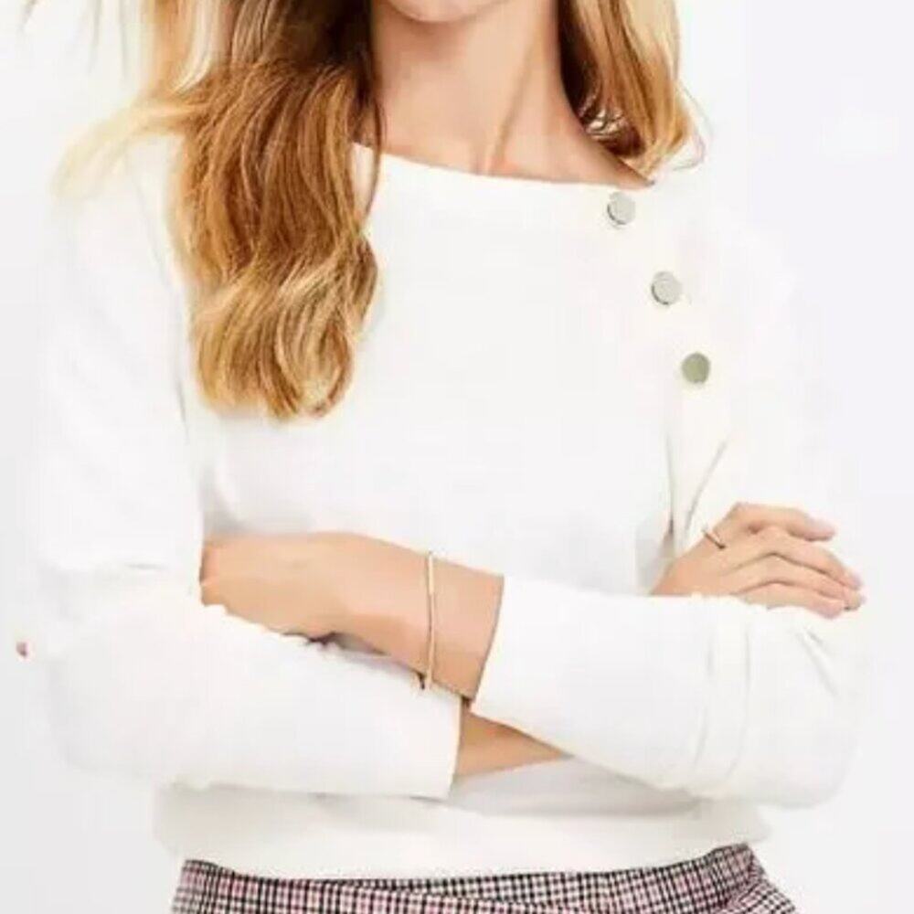 Ann Taylor LOFT Button Trim Long Sleeve Knit Top, Cream, Size Medium